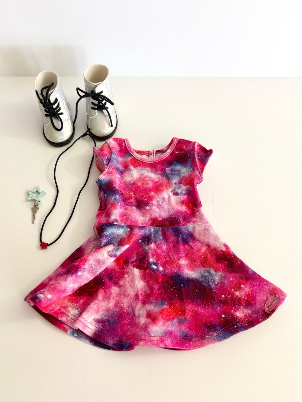 American Girl Luciana Pink Galaxy Print Skater Dress with shoes and necklace
